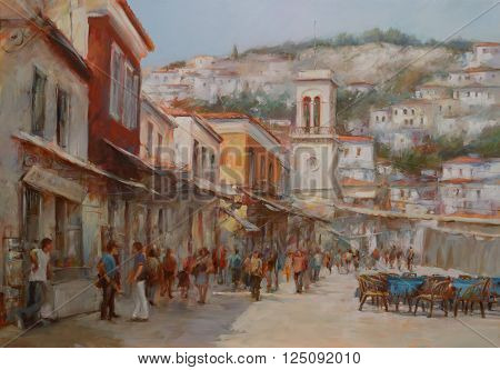 Hydra island, handmade oil painting on canvas