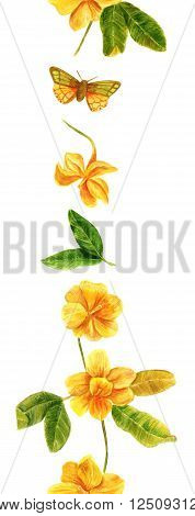 A seamless watercolor border of yellow forsynthia flowers in bloom with a butterfly hand painted on white background