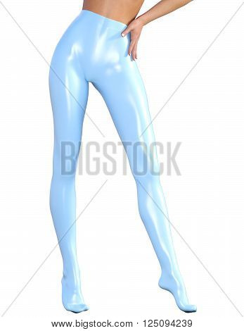 Sexy slim female legs in latex stockings. Conceptual fashion art. Shiny pantyhose. Seductive candid pose. 3D render, photorealistic image.