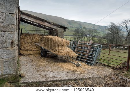 Kettlewell,,UK - March 12, 2016. Hay storage on a hillside farm in the Yorkshire Dales National Park