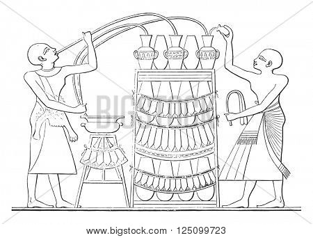 On after a painting from a tomb at Thebes, vintage engraved illustration. Magasin Pittoresque 1847.