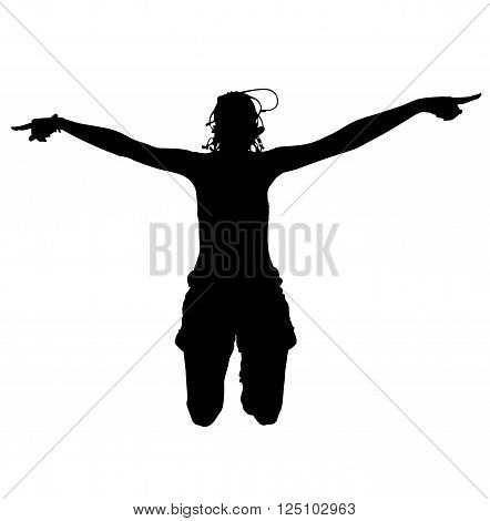 Happy sporty woman silhouette jumping in the air, black backlight isolated on white background.