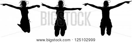 Three happy sporty women silhouette jumping in the air, black backlight isolated on white background.