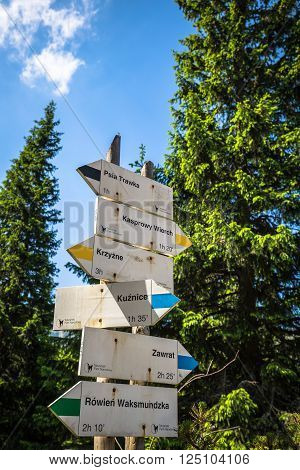 Direction sign on mountain trail High Tatras Poland