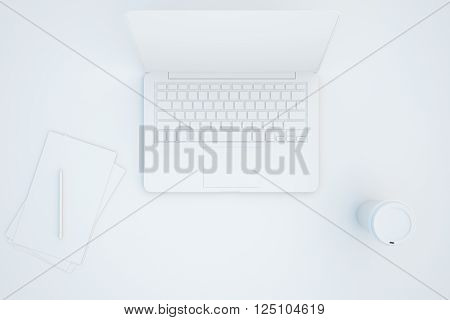 Topview of white desk with blank papers laptop and coffee cup. 3D Rendering