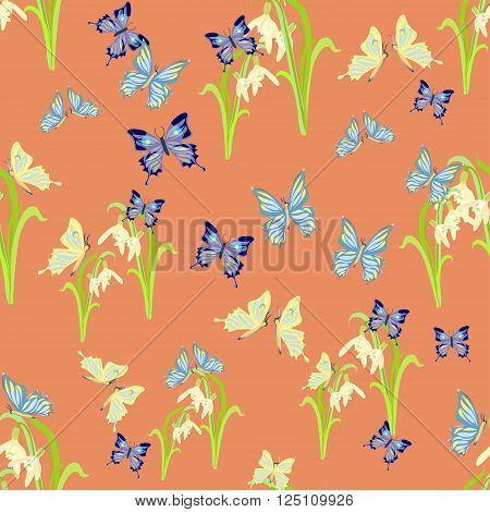 snowdrop flowers and butterflies on a pink background. seamless pattern vector illustration