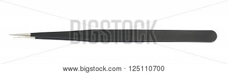Black metal anti-static tweezers tool isolated over the white background