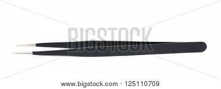 Black metal anti-static tweezers tool isolated over the white background
