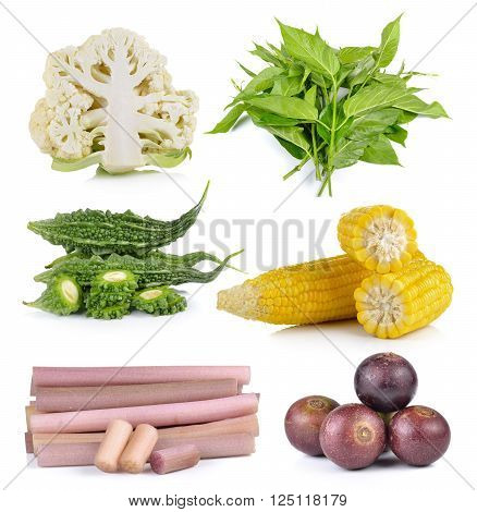 cauliflower, Gumnema inodorum Bitter melon lotus stem Flacourtia corn on white background