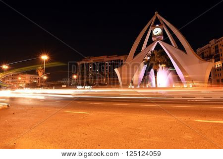 Dubai Clock Tower round about at night with long exposure, Deira, Dubai, United Arab Emirates