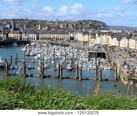 View of the town of Dieppe and its picturesque harbour in Normandy, France.