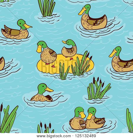Vector doodle seamless pattern illustration with ducks and reed on water