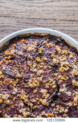 Dish of Parmigiana di melanzane: top view