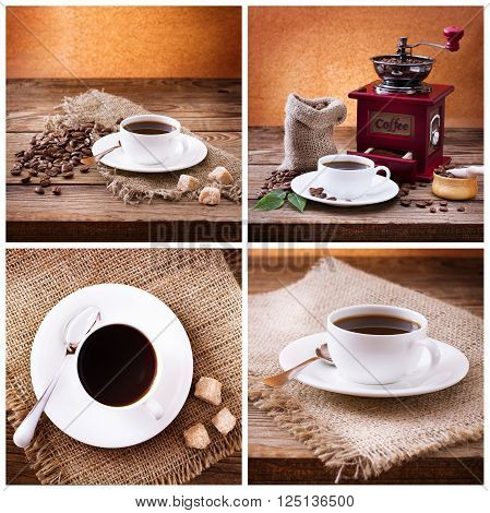 Cup of coffee, cappuccino, latte, and roasted beans. Coffee Collage top wiev