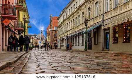 KAUNAS, LITHUANIA - MARCH 7: People walk on a pedestrian street on March 7, 2016 in Kaunas, Lithuania.