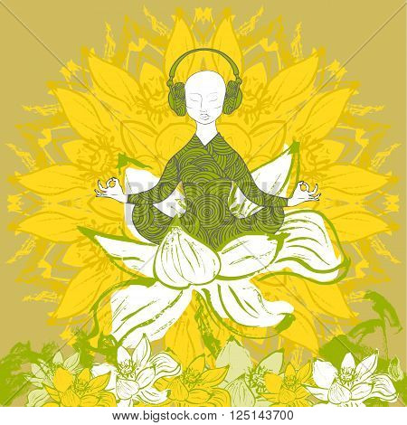 Man sitting in lotus position in lotus flower. Colorful. Stock vector.