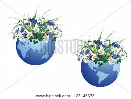 set of vector illustration with globe and flowers