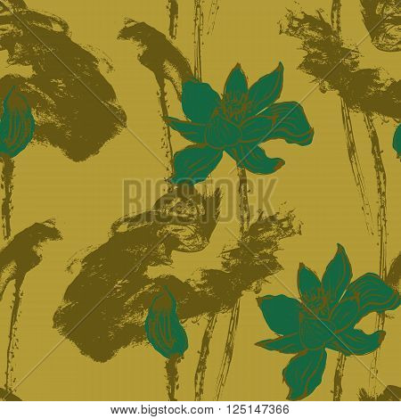 Seamless pattern with watercolor lotus flowers. Stock vector illustration.
