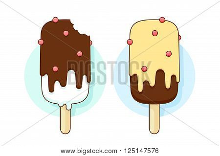 Icon chocolate and lemon ice cream different pastel color in line graphic. Eskimo pie and popsicle. Vector illustration