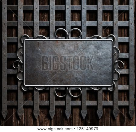mteal plate on medieval castle gate or wall background