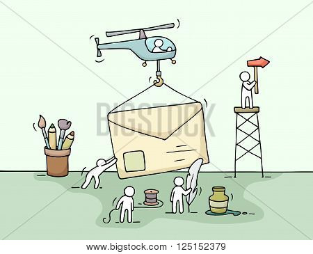 Sketch of working little people with letter teamwork. Doodle cute miniature scene of workers preparing for the sending letter. Hand drawn cartoon vector illustration for business design.
