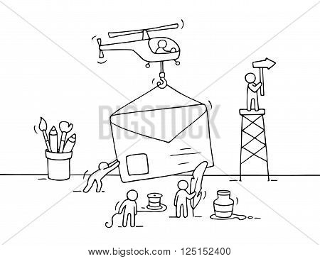 Sketch of working little people with letter teamwork. Doodle cute miniature scene of workers preparing for the sending letter. Hand drawn cartoon vector illustration for business design.