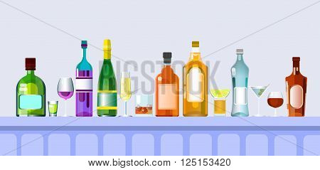 Bar Counter With Alcohol Drink Glasses, Bottle Set Collection Flat Vector Illustration
