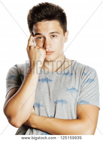 young attractive real man isolated thinking emotional on white close up gesturing smiling
