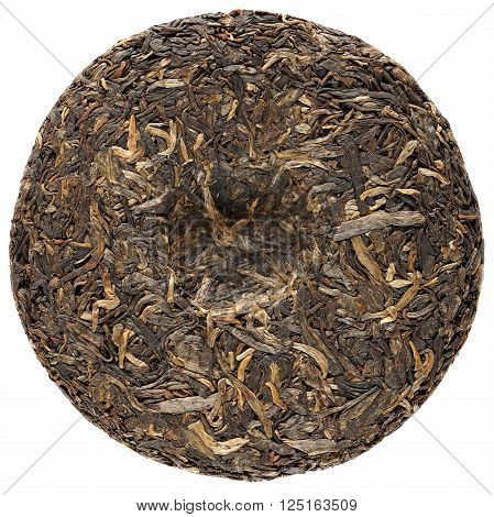 Raw sheng puerh Yunnan isolated overhead view