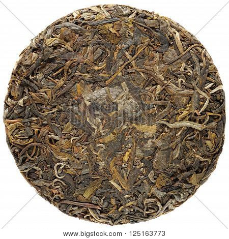 Young raw puerh cake overhead view isolated