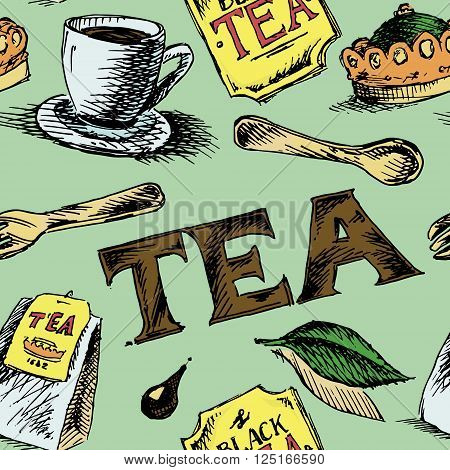 Black tea patter. Colorful hand drawn seamless background. Vector stock illustration