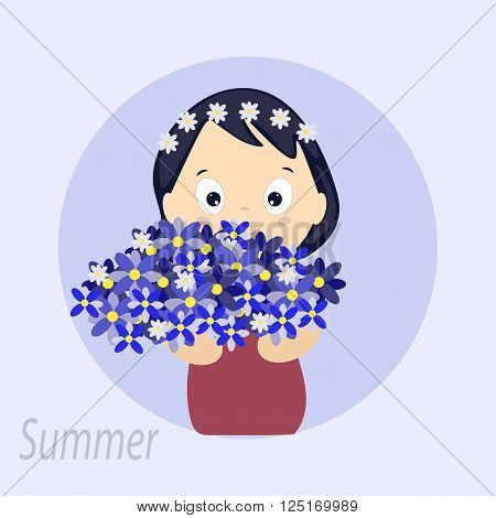 Girl with a bouquet of flowers on a light blue background
