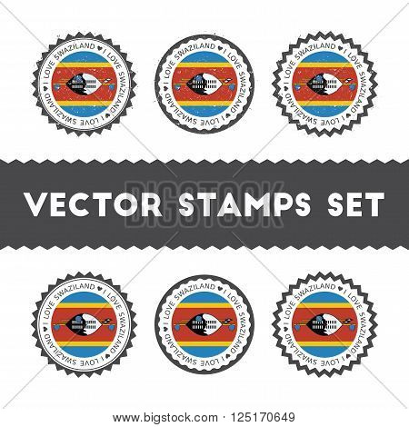 I Love Swaziland Vector Stamps Set. Retro Patriotic Country Flag Badges. National Flags Vintage Roun