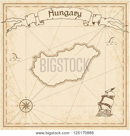 Grunge Vector Treasure Map Of Hungary. Stylized Old Pirate Map Template With Banner Ribbon And Count