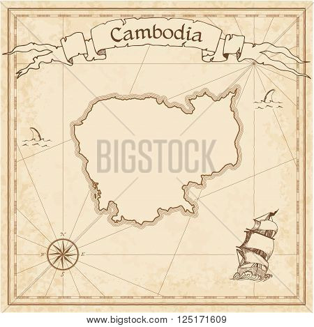 Grunge Vector Treasure Map Of Cambodia. Stylized Old Pirate Map Template With Banner Ribbon And Coun