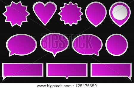 Set of bright pink stickers isolated on dark background. Various shapes of a pink stickers.