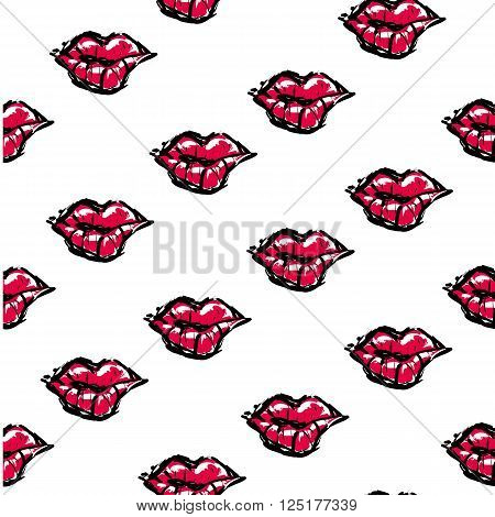 Vector fashion sketch. Hand drawn graphic kiss red lip lip eye. Contrasty glamour fashion seamless pattern. Isolated elements on white background