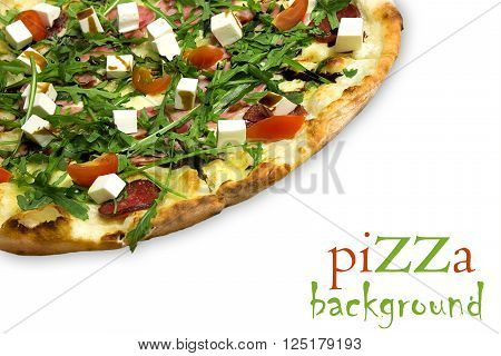 Appetizing pizza with ham, salami, arugula, cherry tomatoes, fetaksa, balsamic isolated on white