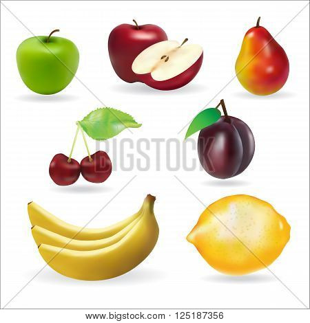 banana apple pear cherry lemon fresh summer fruits set in bright colors on a white backgrounds