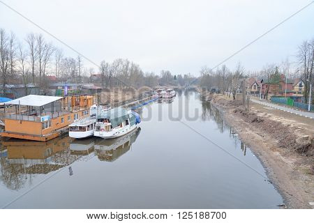View of Izhora River at cloud spring evening Russia.