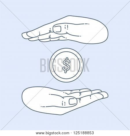 Vector flat style on background. Illustration of bank technology and services for presentation. Dollar gold coin in hand. Investment and exchange. Keeping the money in bank deposit account. Save cach.