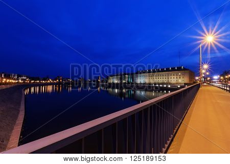 Regional Office and Odra river in Wroclaw Poland in the evening.