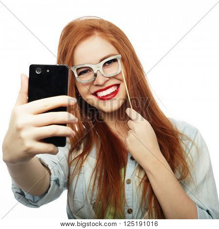 redhair girl ready for party, take selfie