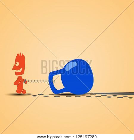 cartoon illustration of man which is going forward and nothing cant stop him. he is connected with weight