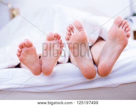 Parent and child feet in bed lolling out from under the duvet.