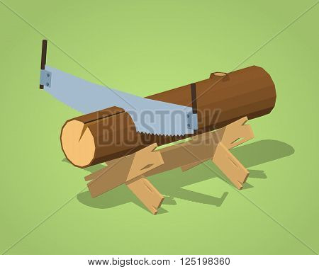 Work bench with the log and handsaw against the green background. 3D lowpoly isometric vector illustration