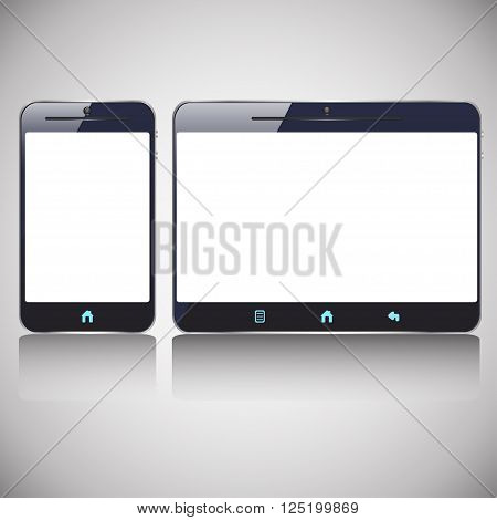 illustration of colored dark smart phone and tablet with blank screen amd blue buttons