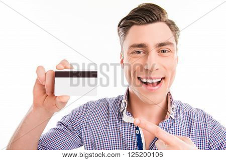 Handsome Happy Young Man Pointing On Bank Card