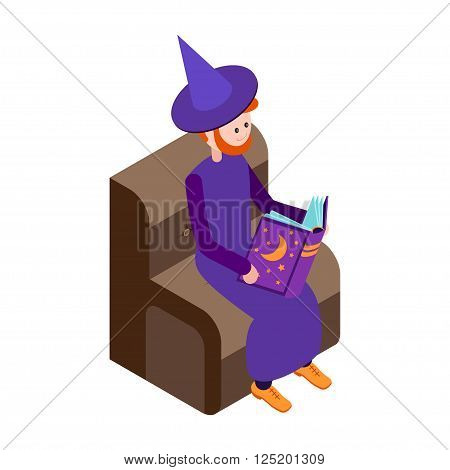 Cute wizard reads the book. Wizard isolated on white background. Isometric icon of wizard. Vector illustration.
