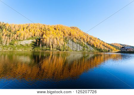 Mountain panorama from Italian Alps. Reflections on water from 